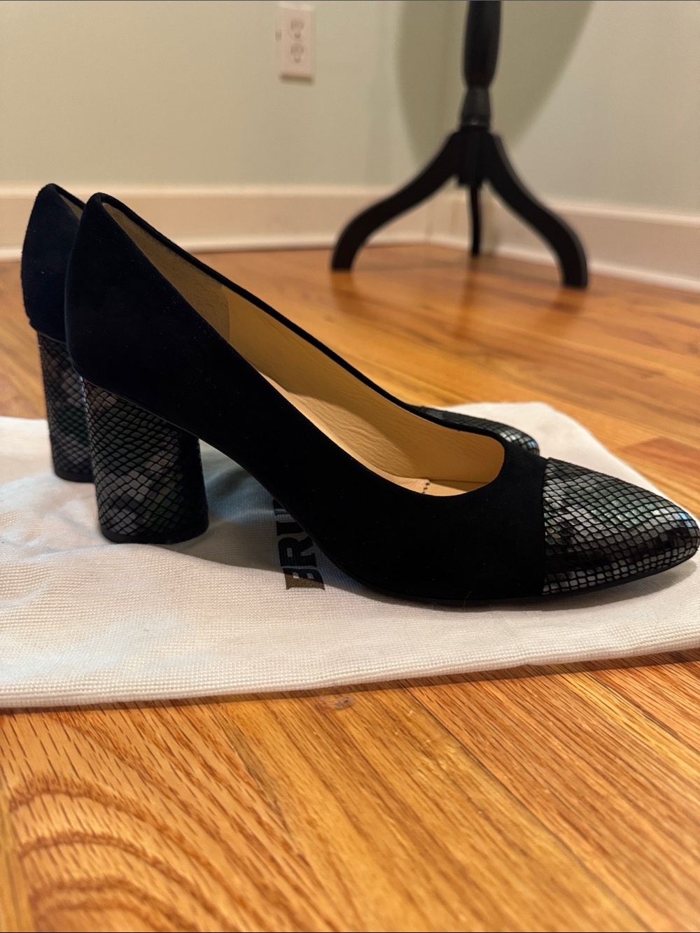 Brunate Black Suede Block Heel Pumps with Patterned Cap Toe size 8.5